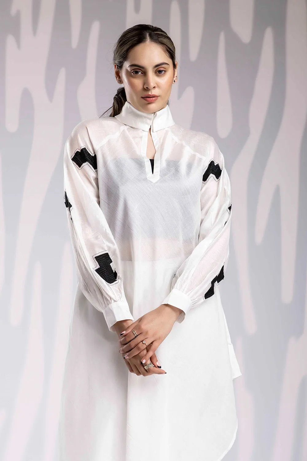 Aplic Work Silk Chanderi Tunic Set - White