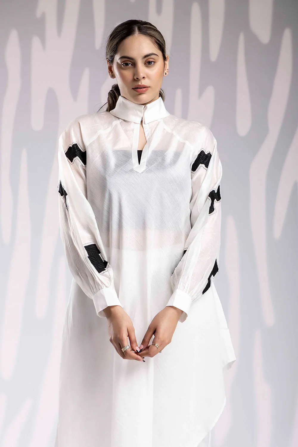Aplic Work Silk Chanderi Tunic Set - White