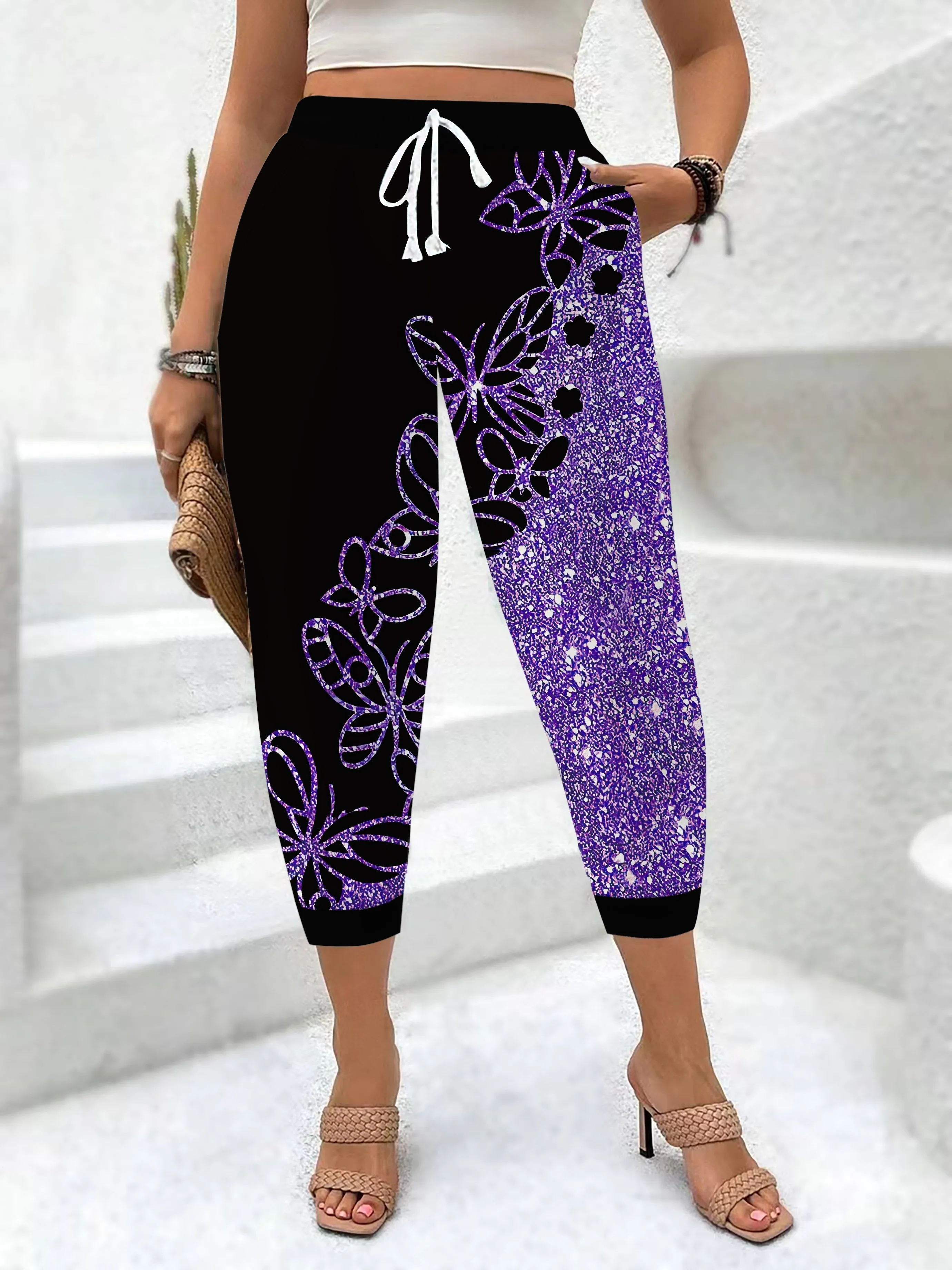 Butterfly Print Drawstring Jogger Pants, Casual High Waist Pocket Pants - Lightweight & Breathable Fabric - For Spring & Summer - Women's Clothing - Perfect for Casual Wear & Loungewear