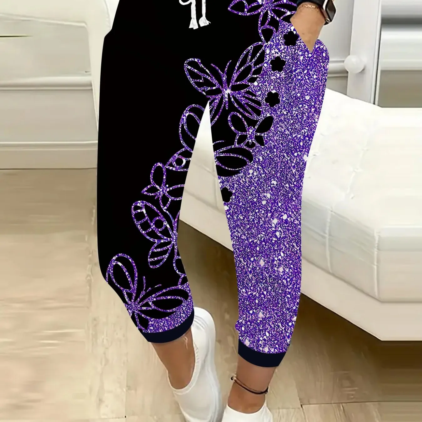 Butterfly Print Drawstring Jogger Pants, Casual High Waist Pocket Pants - Lightweight & Breathable Fabric - For Spring & Summer - Women's Clothing - Perfect for Casual Wear & Loungewear