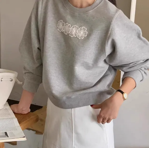 christmas outfit Sonicelife Embroidered Lace Flowers Pullover Sweatshirt
