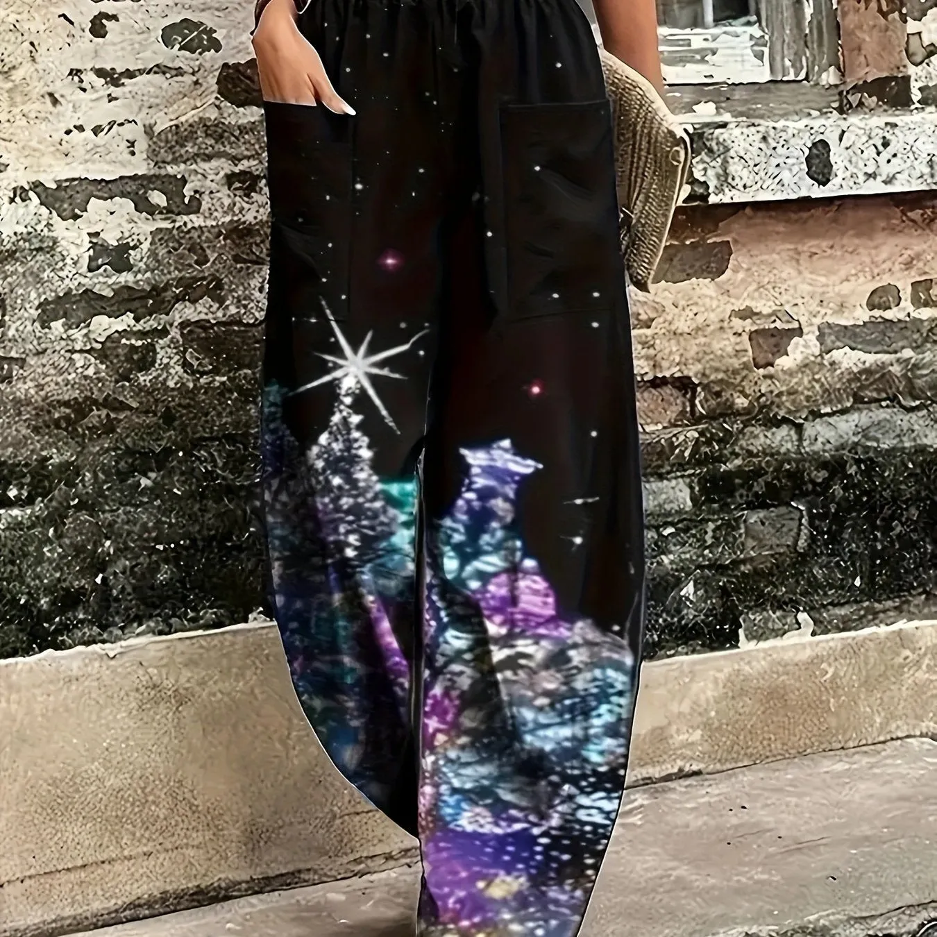 Christmas Tree Print Baggy Pants, Casual Elastic High Waist Dual Pockets Loose Pants For Spring & Summer, Women's Clothing