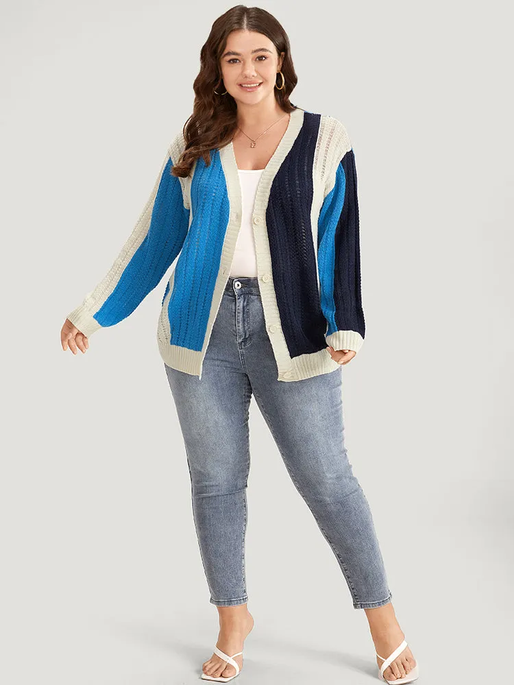 Colorblock Contrast Button Down Drop Shoulder Cardigan
