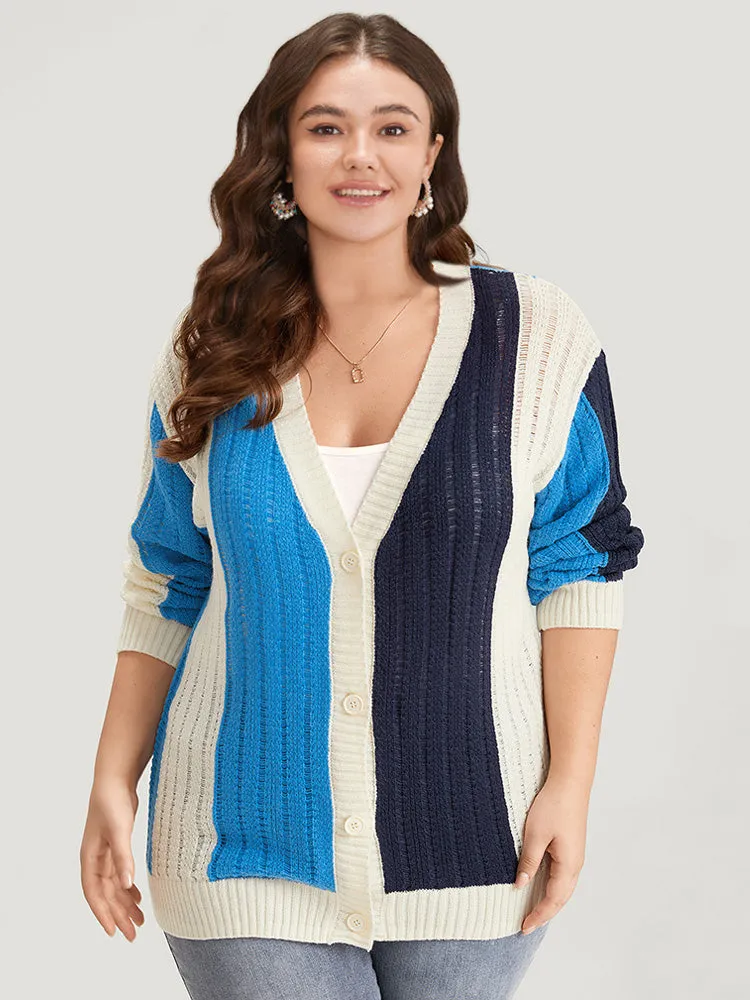 Colorblock Contrast Button Down Drop Shoulder Cardigan