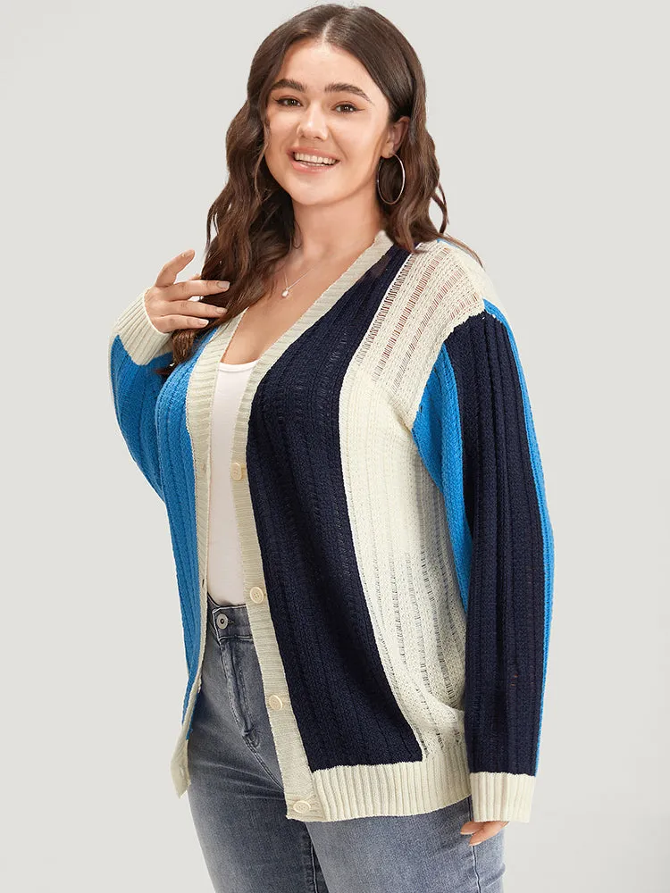 Colorblock Contrast Button Down Drop Shoulder Cardigan