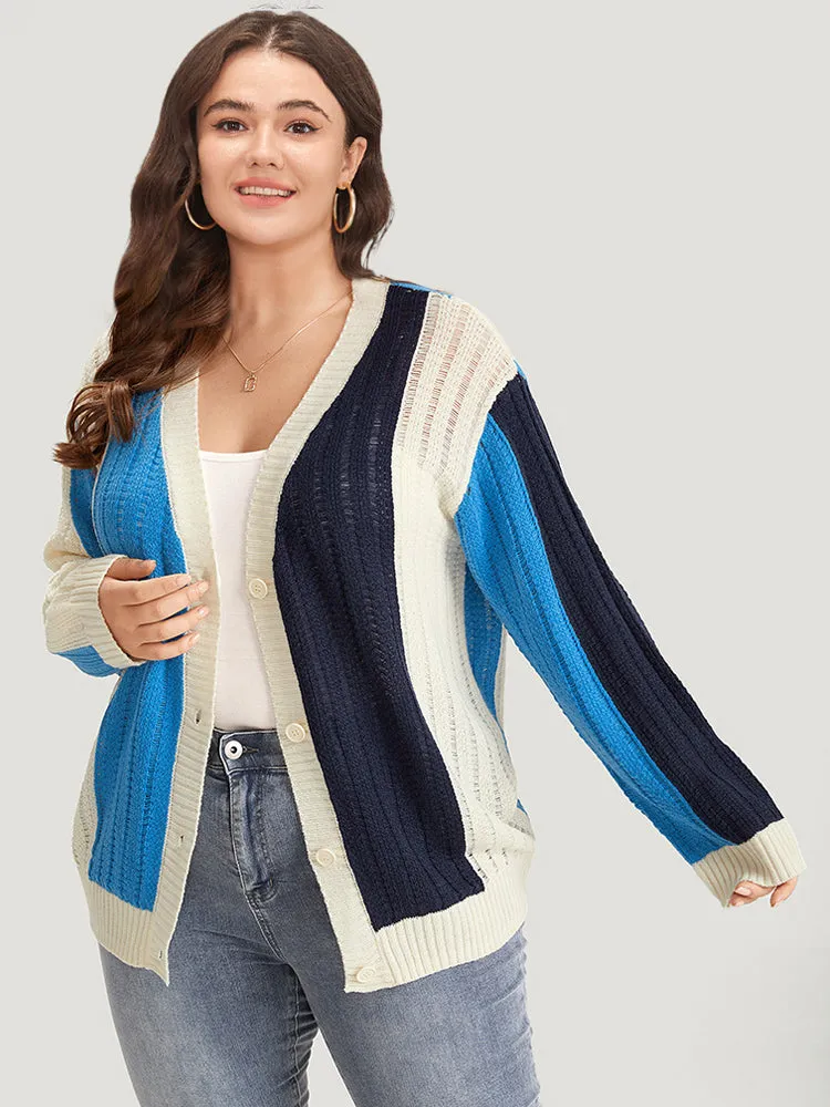 Colorblock Contrast Button Down Drop Shoulder Cardigan