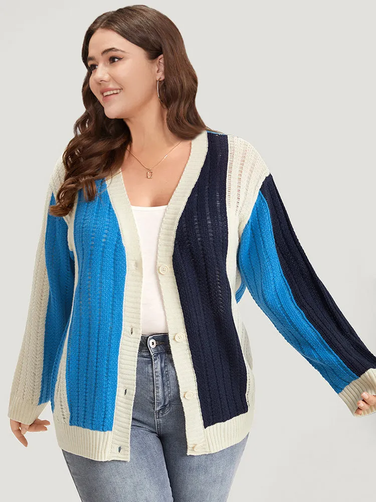 Colorblock Contrast Button Down Drop Shoulder Cardigan