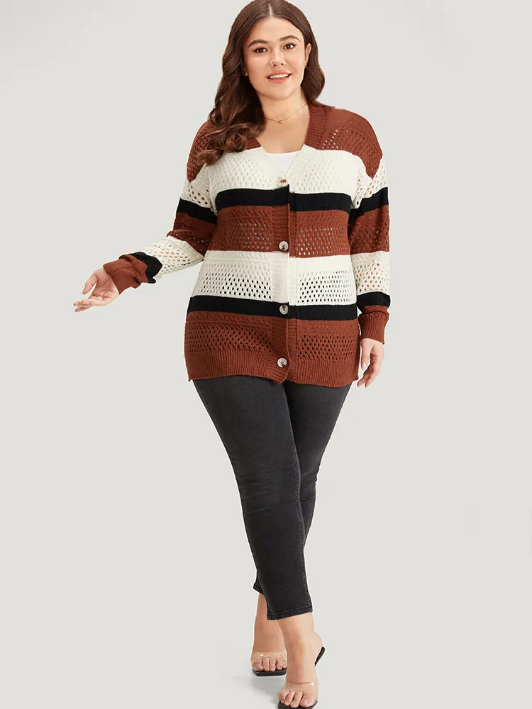 Colorblock Contrast Geo Eyelet Button Through Cardigan