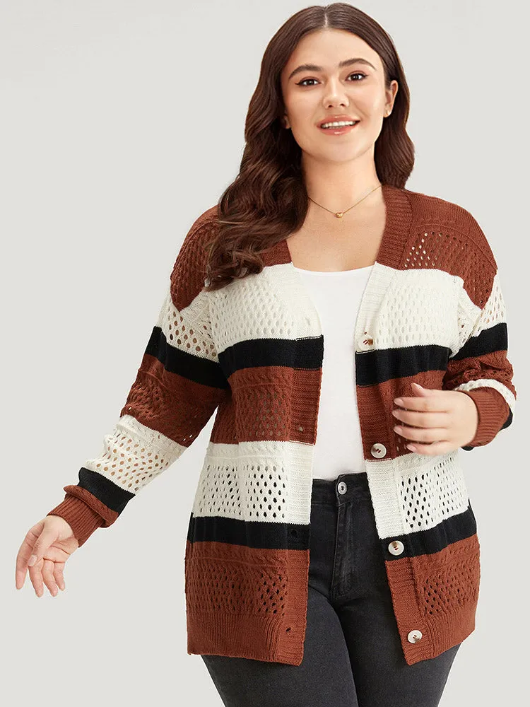 Colorblock Contrast Geo Eyelet Button Through Cardigan
