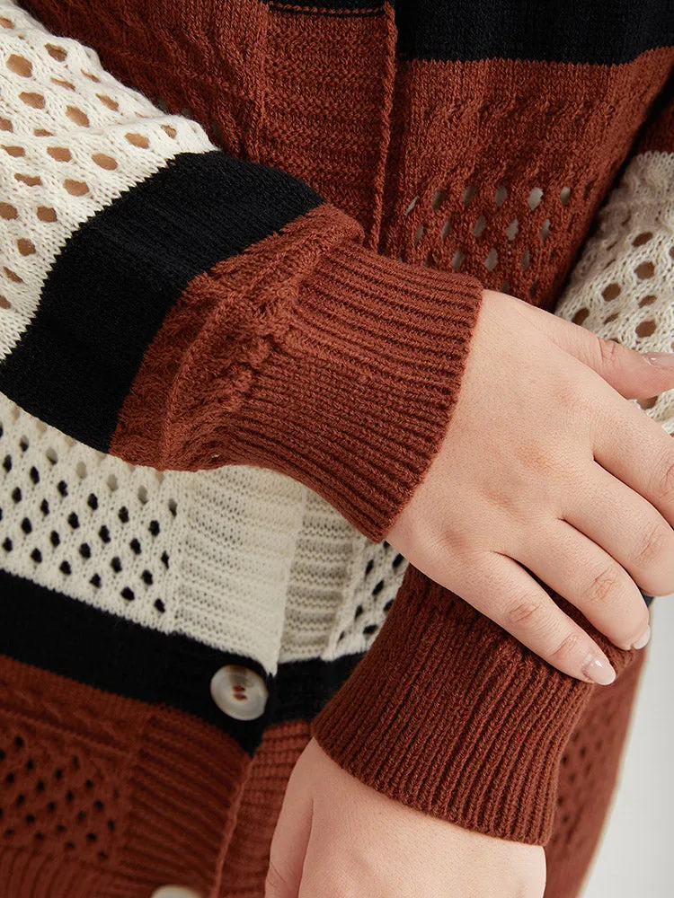 Colorblock Contrast Geo Eyelet Button Through Cardigan