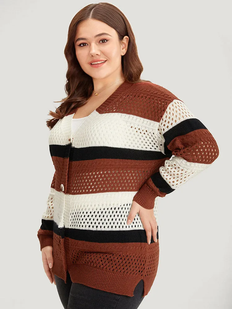 Colorblock Contrast Geo Eyelet Button Through Cardigan