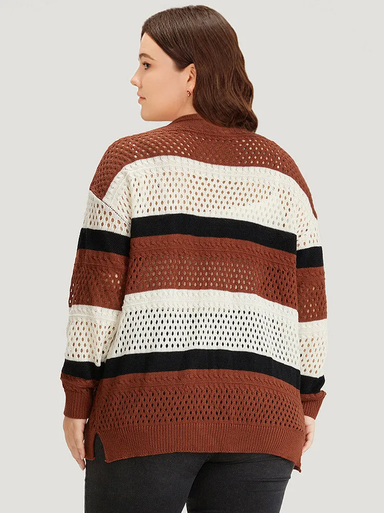 Colorblock Contrast Geo Eyelet Button Through Cardigan