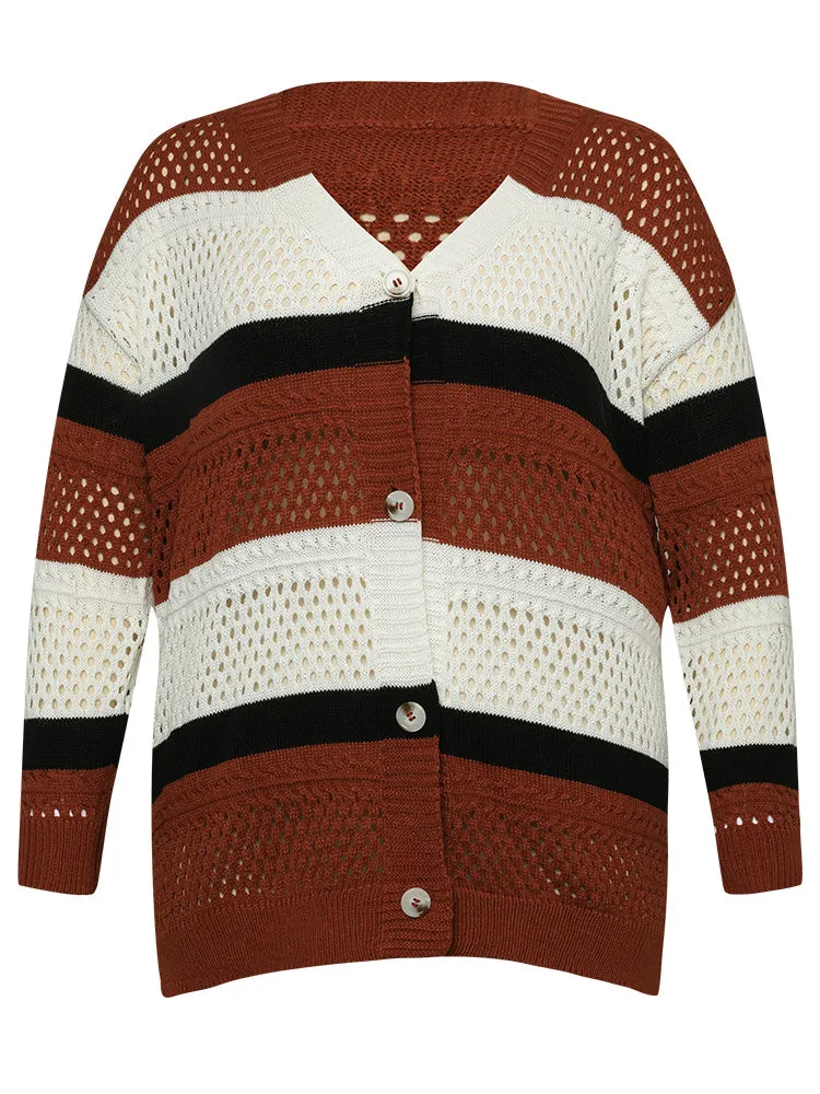Colorblock Contrast Geo Eyelet Button Through Cardigan