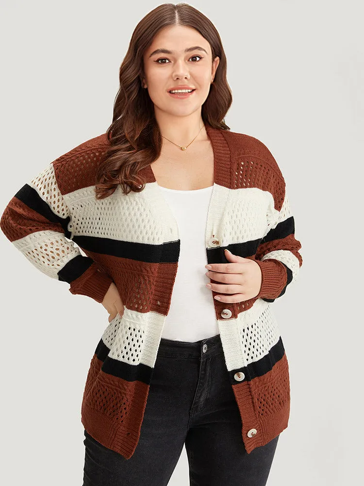 Colorblock Contrast Geo Eyelet Button Through Cardigan