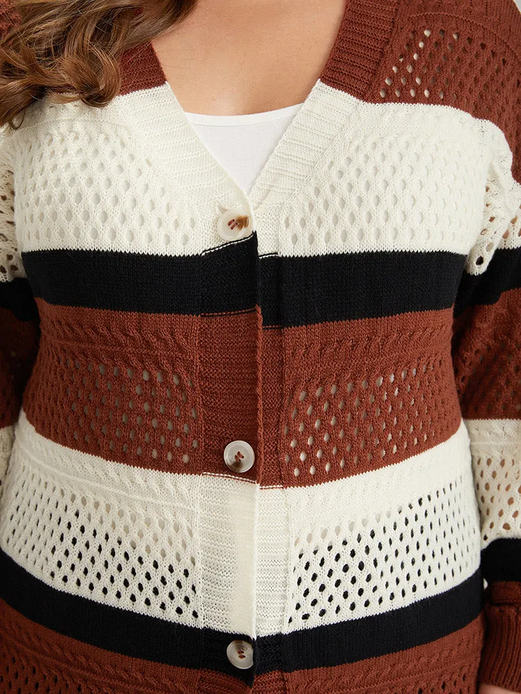Colorblock Contrast Geo Eyelet Button Through Cardigan