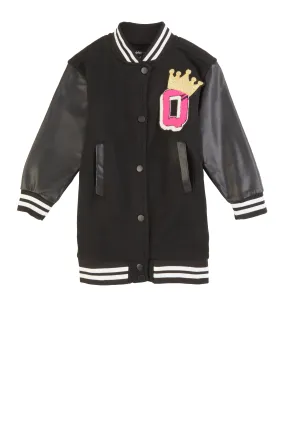 Little Girls Q Chenille Crown Graphic Long Varsity Jacket