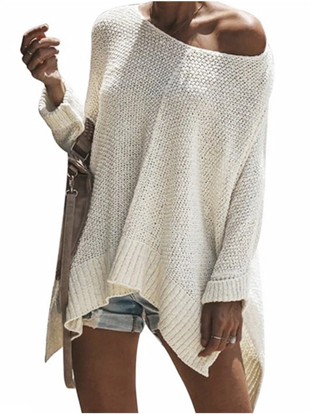 Loose Bat Sleeve Off Shoulder Knit Tunic