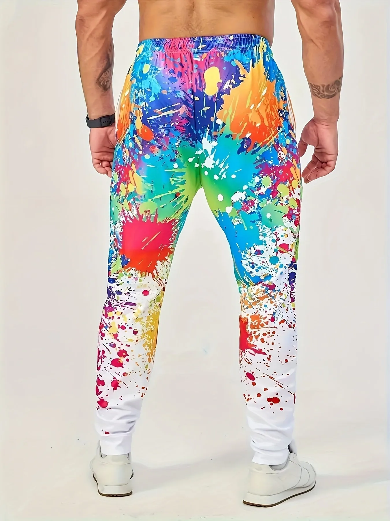 Men's Casual Printed Drawstring Joggers, 100% Polyester Knit Fabric with Applique Detail, Breathable Sporty Pants for All Seasons