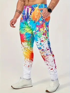 Men's Casual Printed Drawstring Joggers, 100% Polyester Knit Fabric with Applique Detail, Breathable Sporty Pants for All Seasons