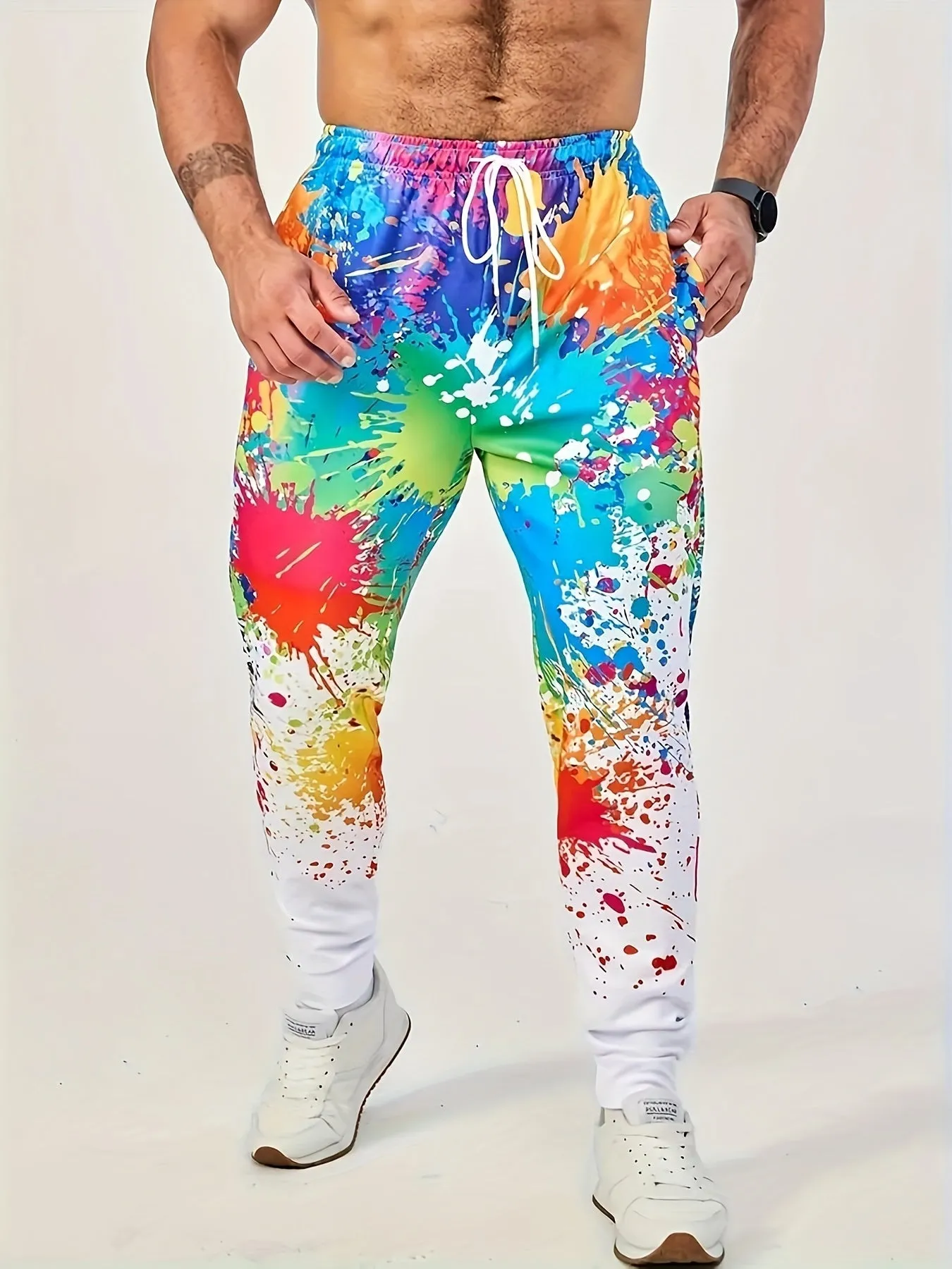 Men's Casual Printed Drawstring Joggers, 100% Polyester Knit Fabric with Applique Detail, Breathable Sporty Pants for All Seasons