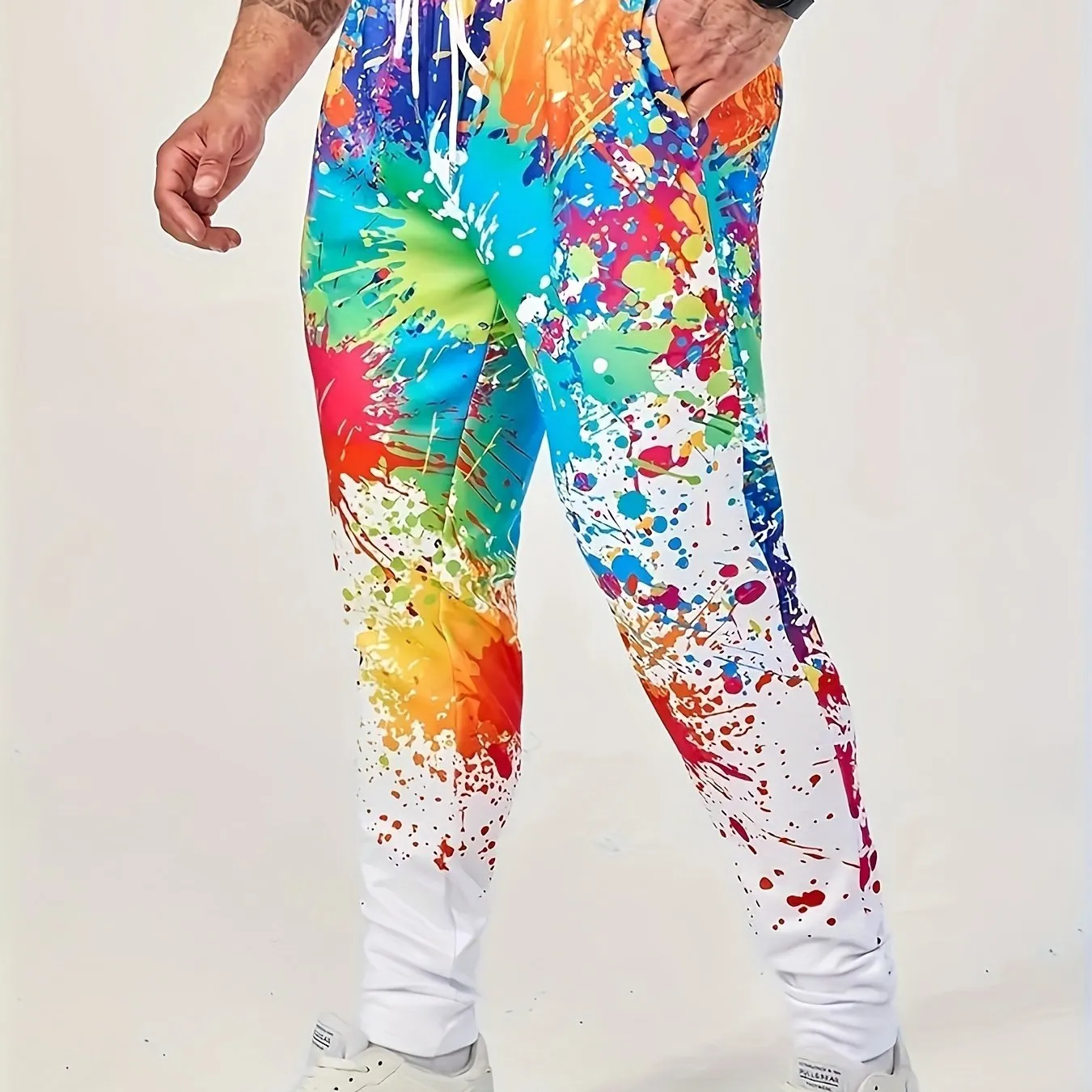 Men's Casual Printed Drawstring Joggers, 100% Polyester Knit Fabric with Applique Detail, Breathable Sporty Pants for All Seasons