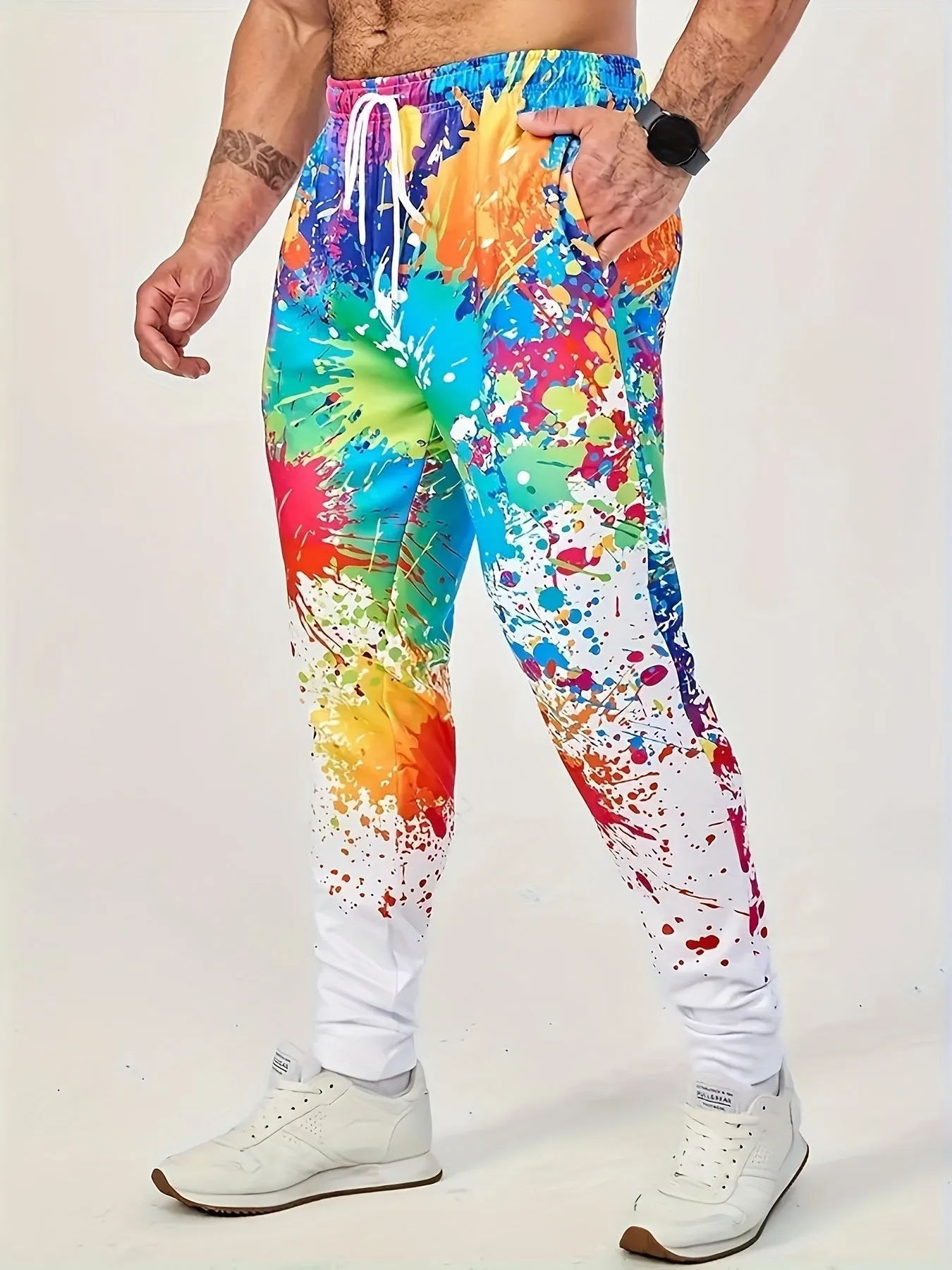 Men's Casual Printed Drawstring Joggers, 100% Polyester Knit Fabric with Applique Detail, Breathable Sporty Pants for All Seasons
