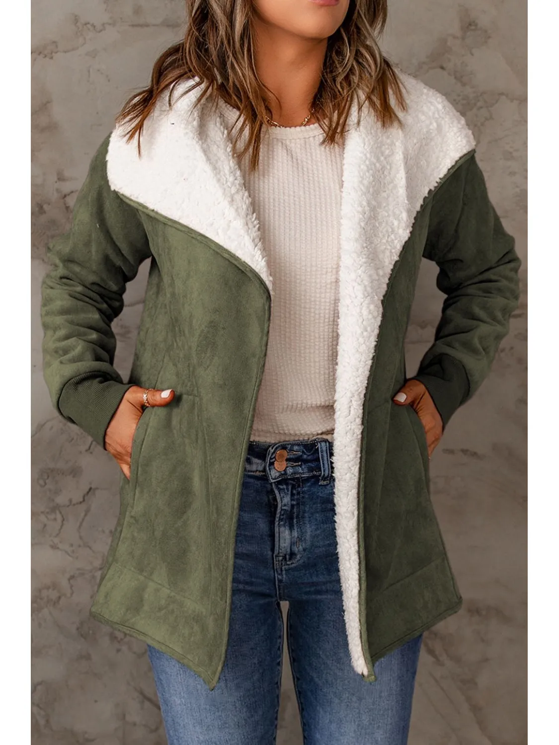 Open Front Long Sleeve Sherpa Jacket with Pockets