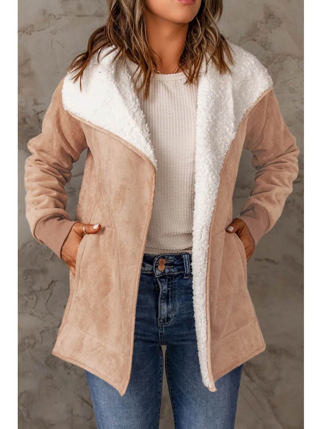 Open Front Long Sleeve Sherpa Jacket with Pockets