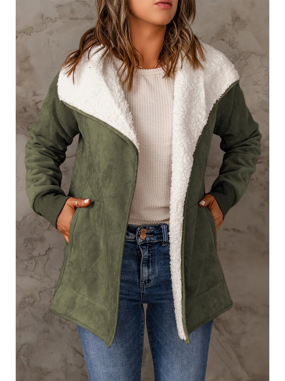 Open Front Long Sleeve Sherpa Jacket with Pockets