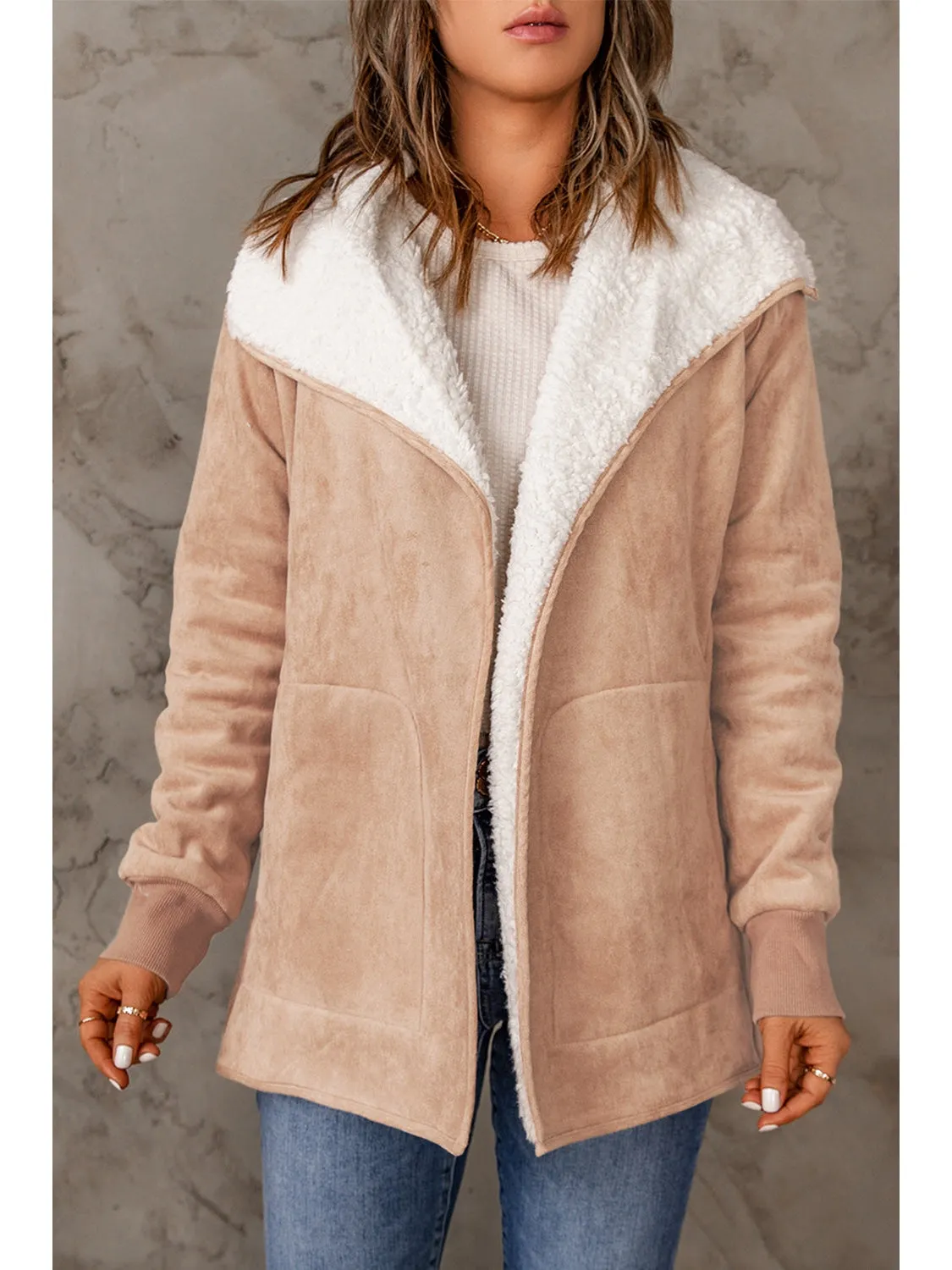 Open Front Long Sleeve Sherpa Jacket with Pockets