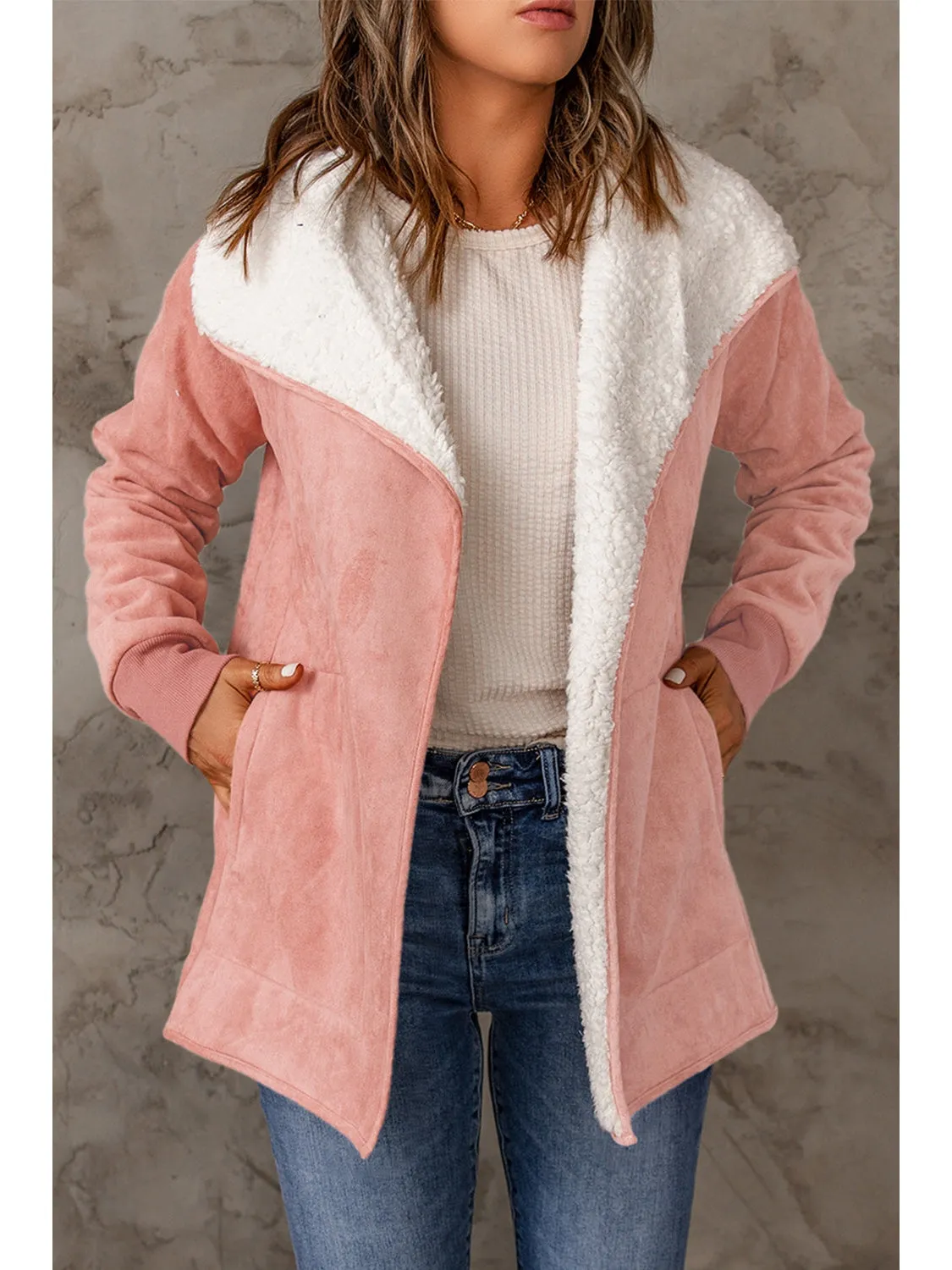 Open Front Long Sleeve Sherpa Jacket with Pockets