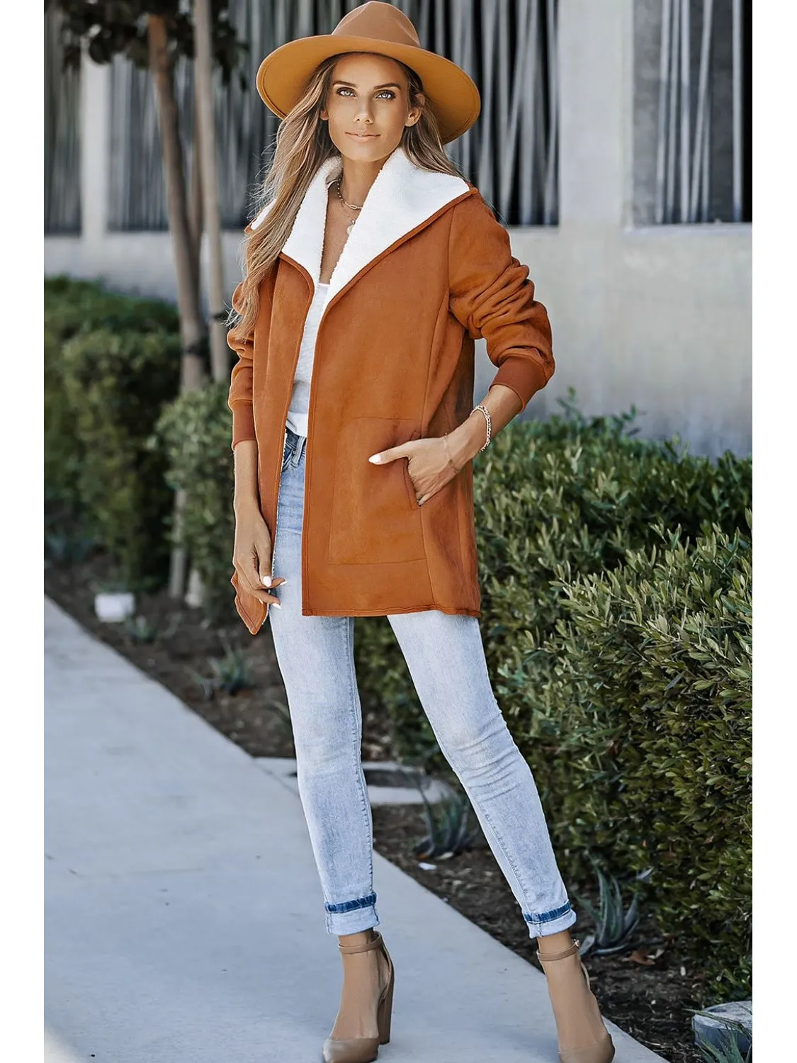 Open Front Long Sleeve Sherpa Jacket with Pockets