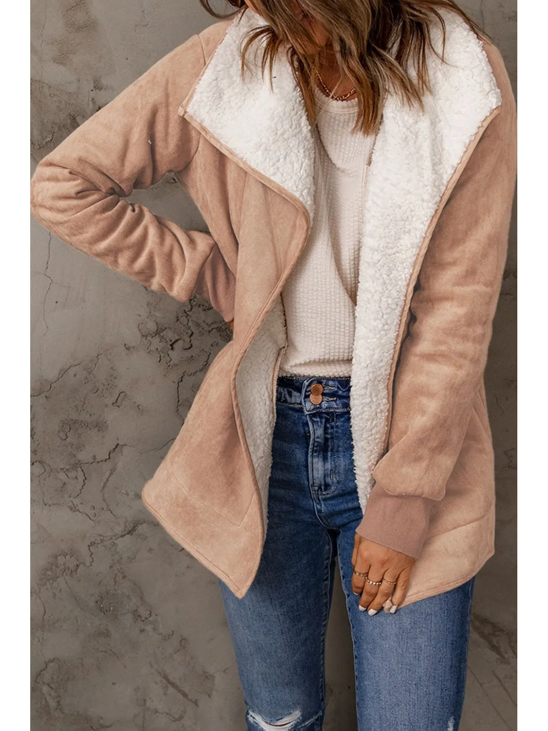 Open Front Long Sleeve Sherpa Jacket with Pockets