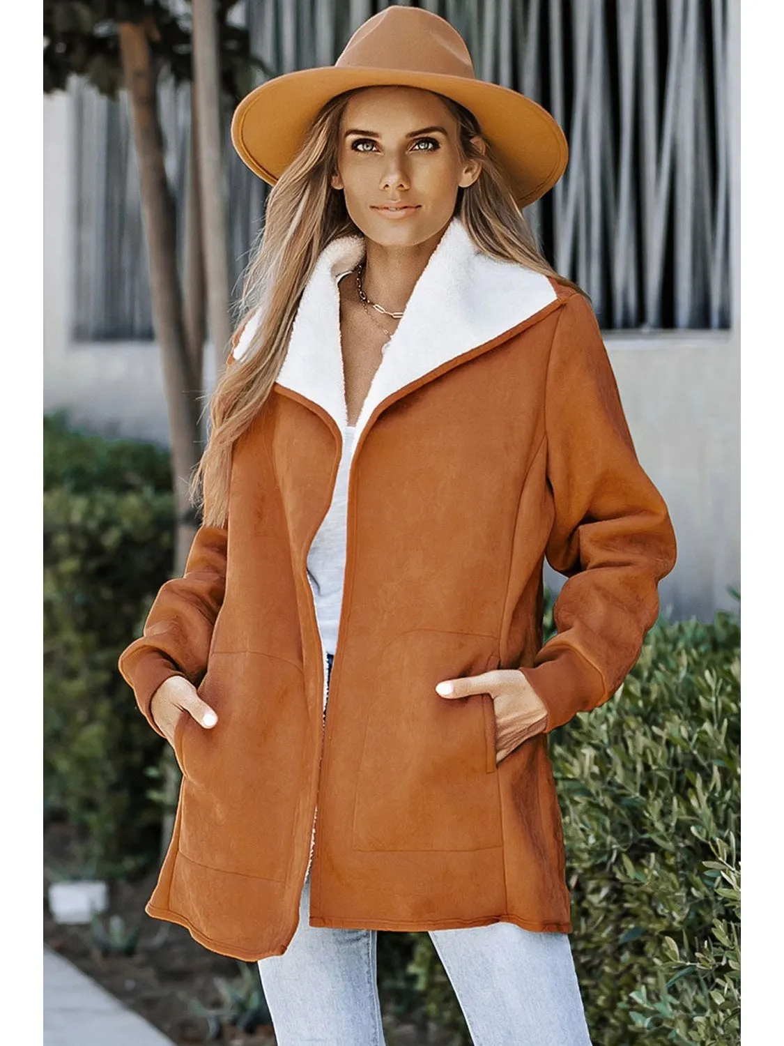 Open Front Long Sleeve Sherpa Jacket with Pockets