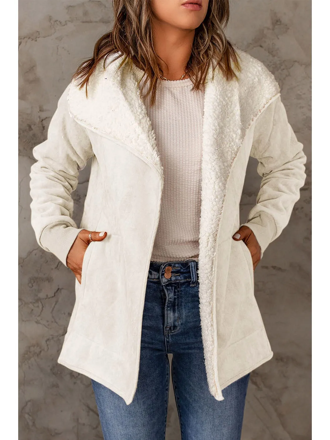 Open Front Long Sleeve Sherpa Jacket with Pockets