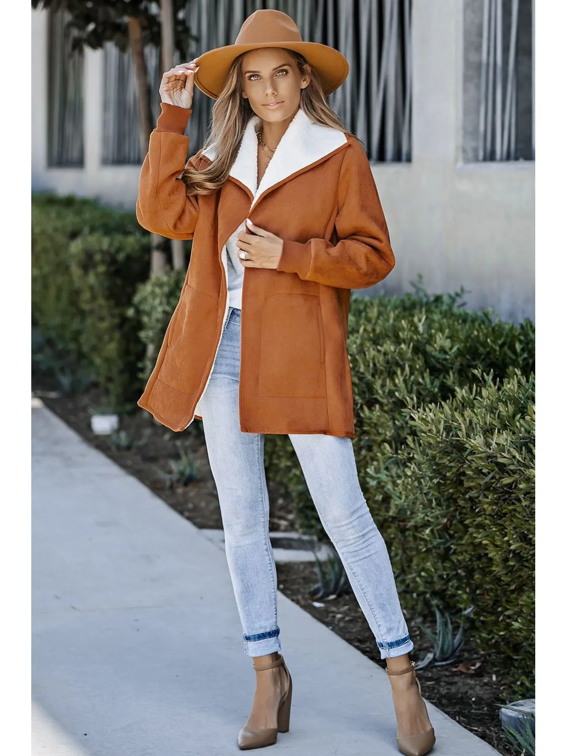 Open Front Long Sleeve Sherpa Jacket with Pockets