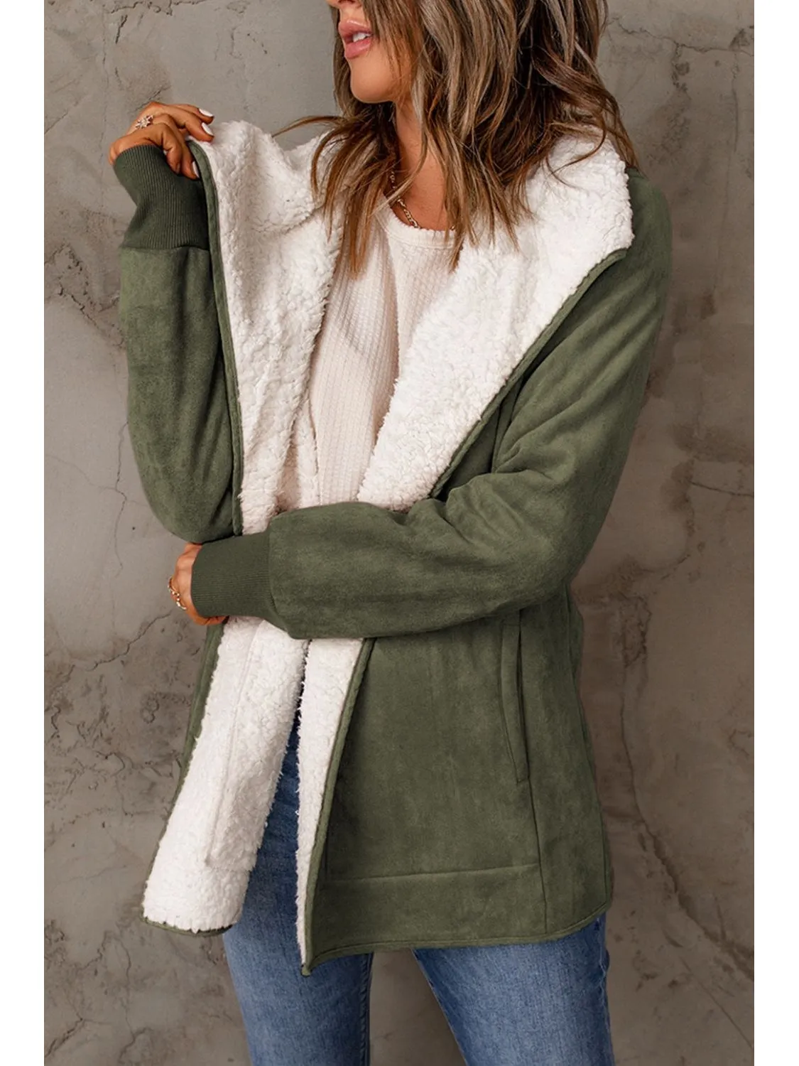 Open Front Long Sleeve Sherpa Jacket with Pockets