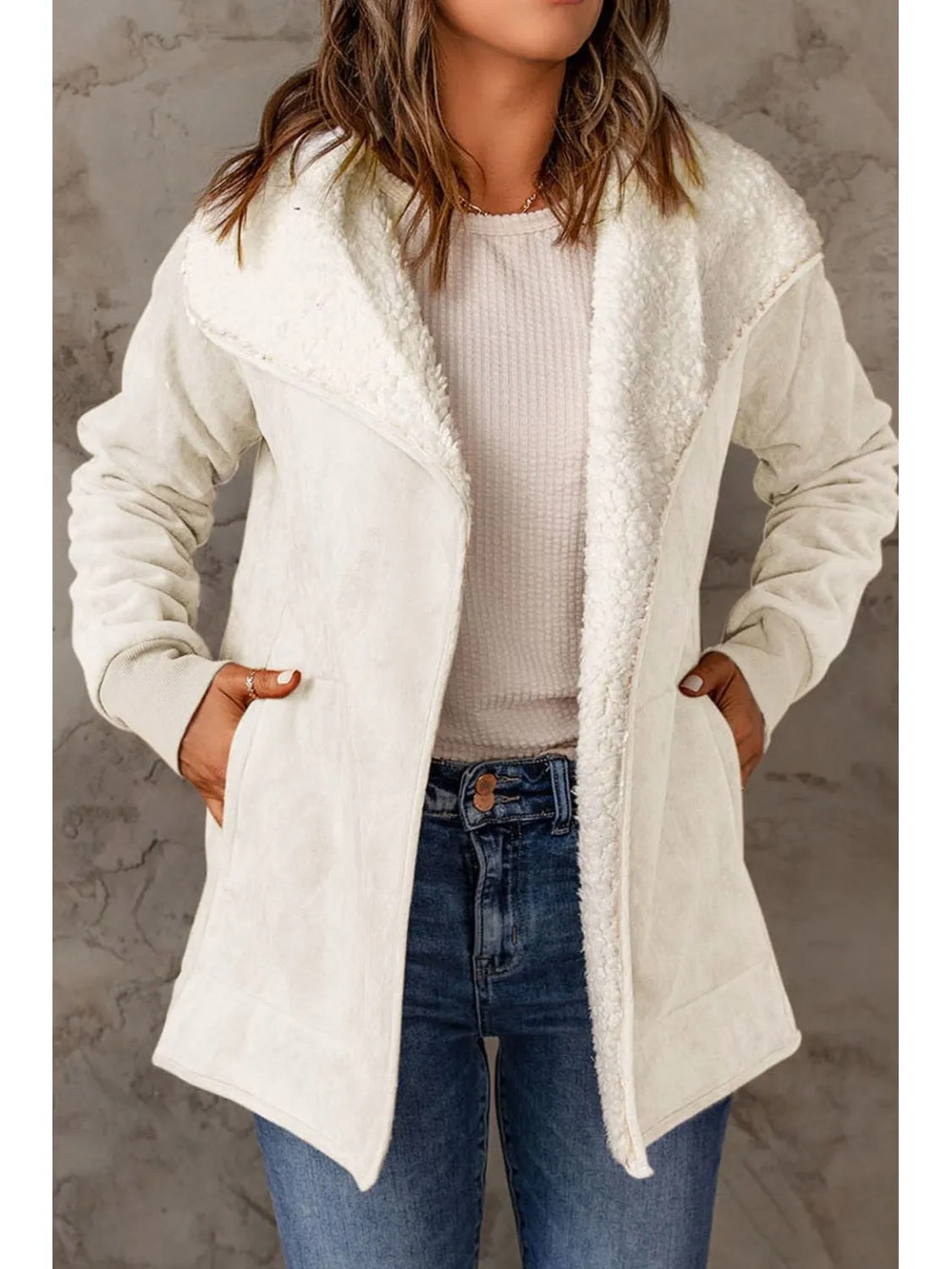 Open Front Long Sleeve Sherpa Jacket with Pockets