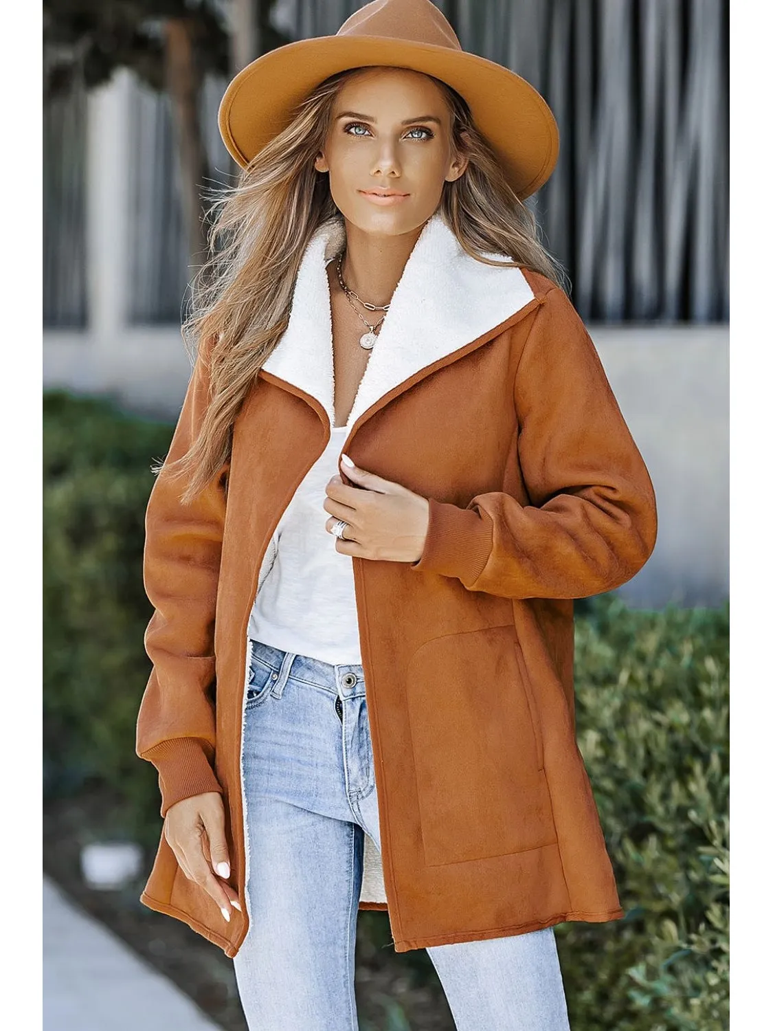 Open Front Long Sleeve Sherpa Jacket with Pockets