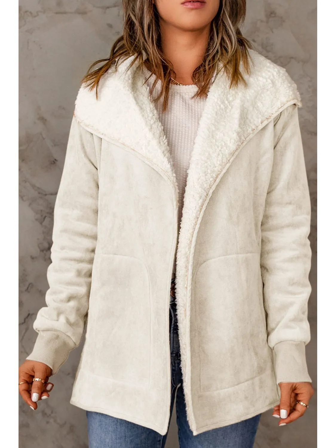 Open Front Long Sleeve Sherpa Jacket with Pockets