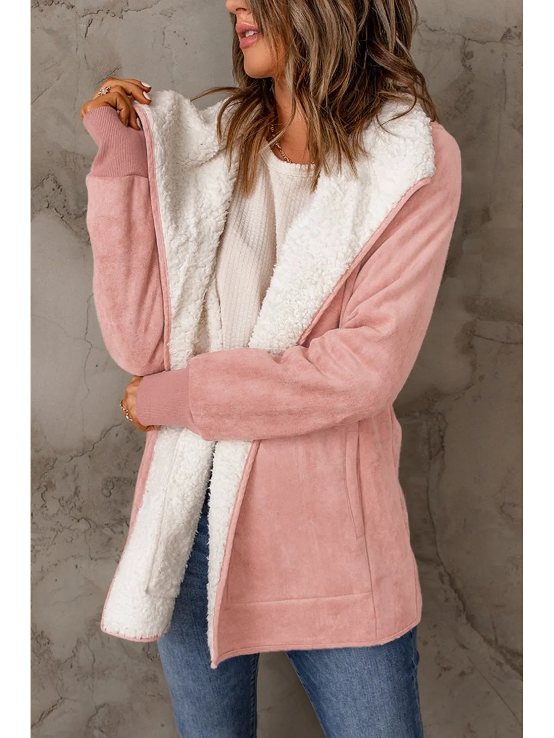 Open Front Long Sleeve Sherpa Jacket with Pockets