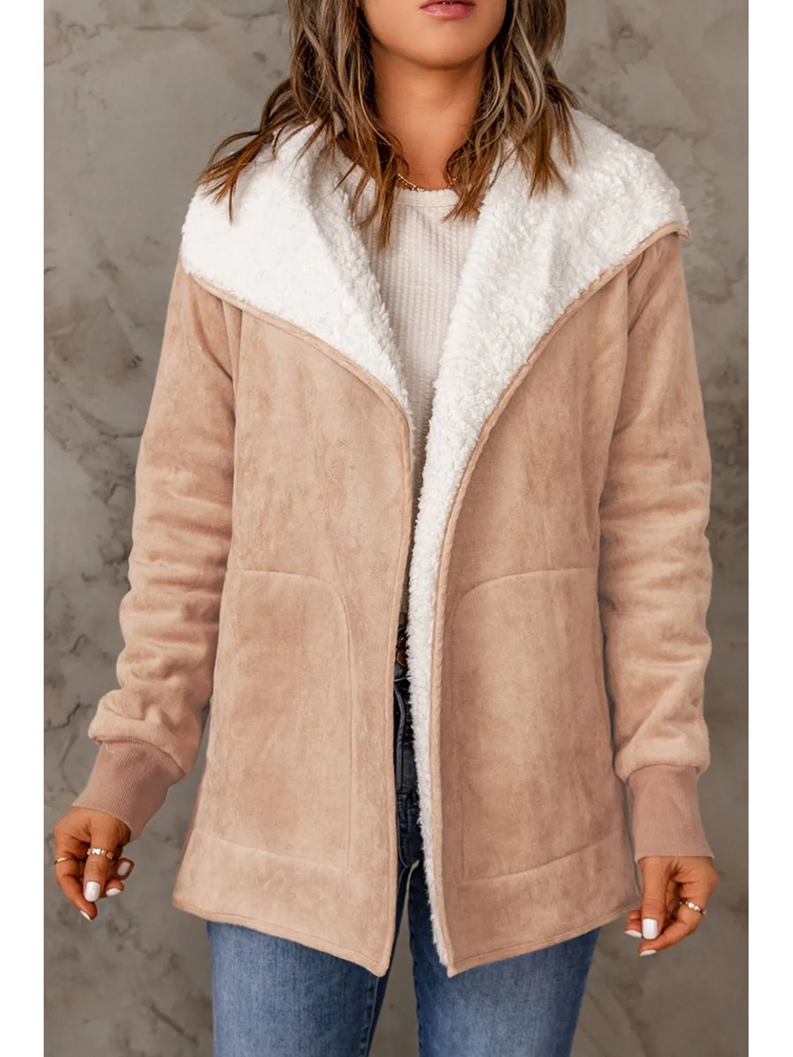 Open Front Long Sleeve Sherpa Jacket with Pockets