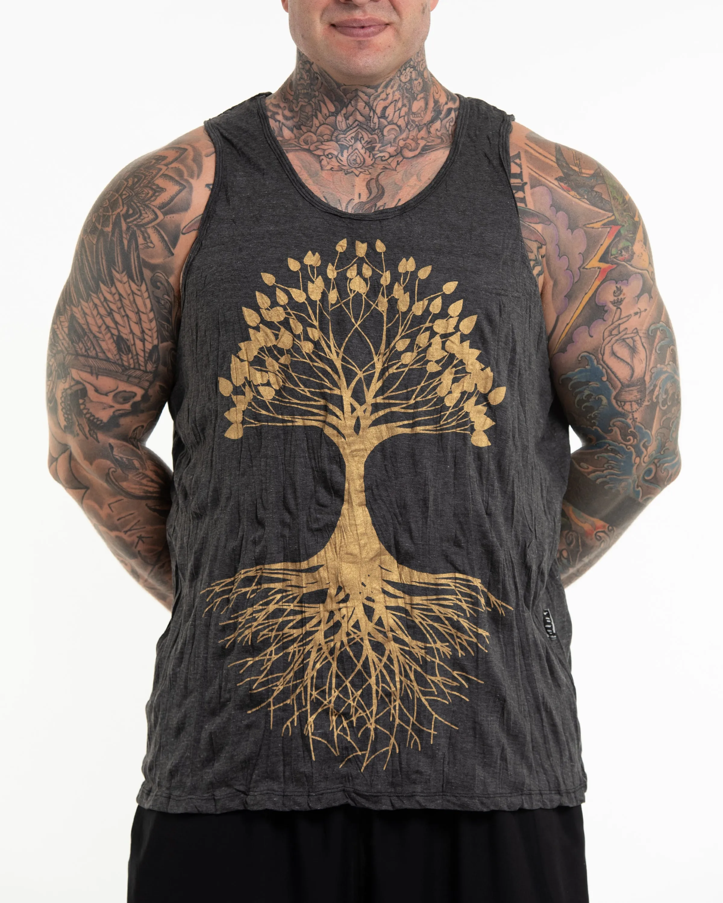 Plus Size Mens Tree of Life Tank Top in Gold on Black