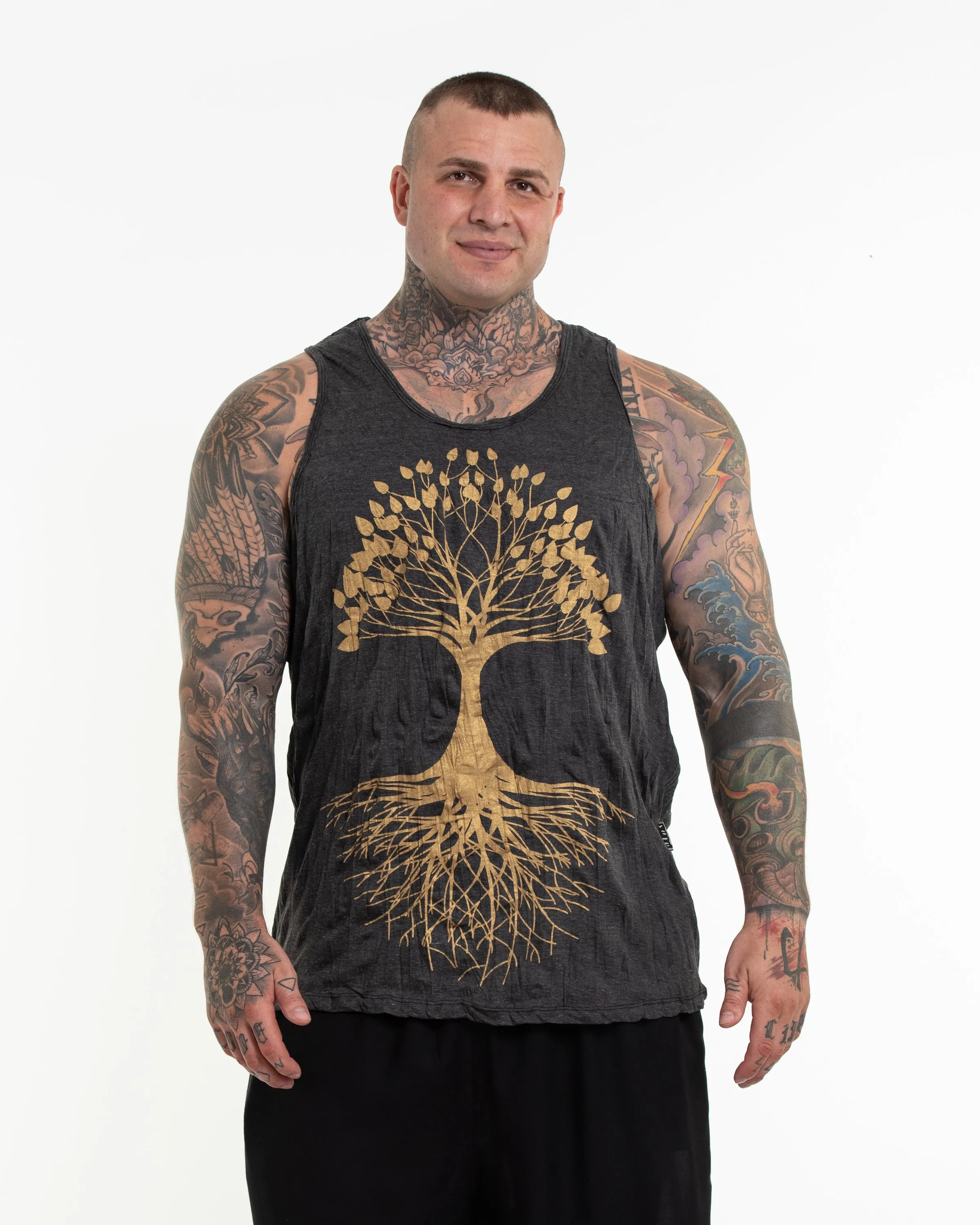 Plus Size Mens Tree of Life Tank Top in Gold on Black