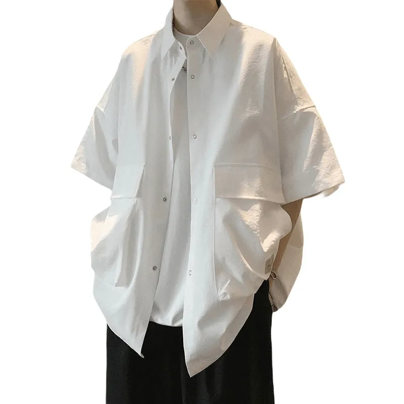 Riolio sweatpants outfit men Trendy Solid Color Workwear Short-Sleeved Shirt Men's Summer High-Grade Loose Ice Silk Design Shirt Jacket