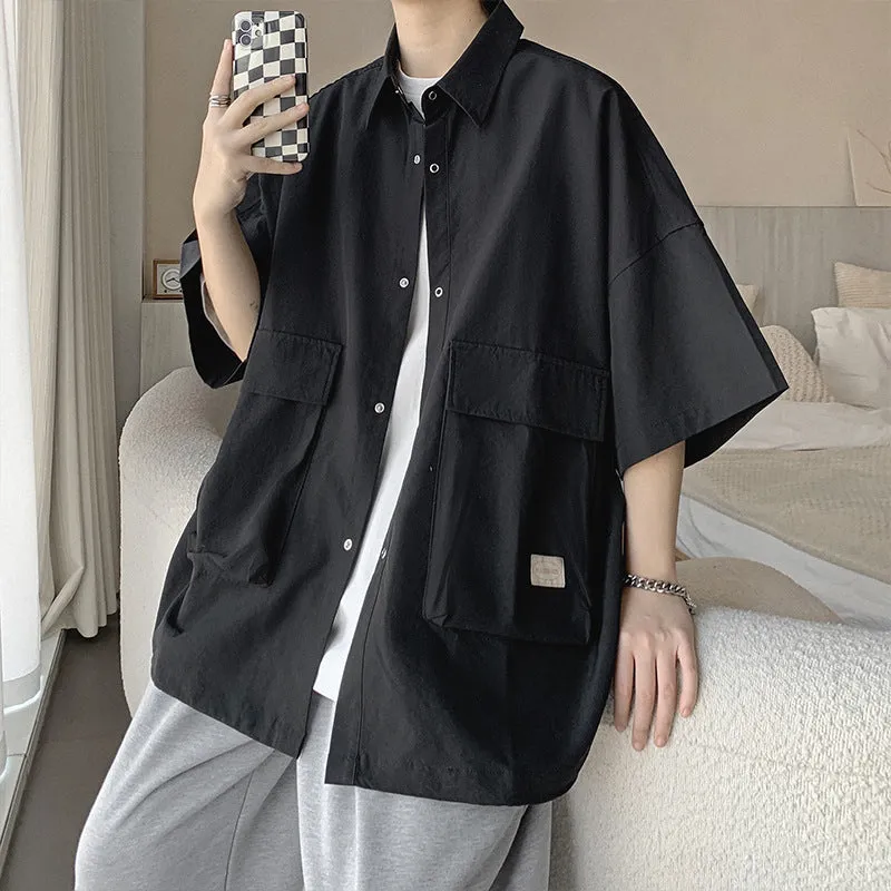 Riolio sweatpants outfit men Trendy Solid Color Workwear Short-Sleeved Shirt Men's Summer High-Grade Loose Ice Silk Design Shirt Jacket