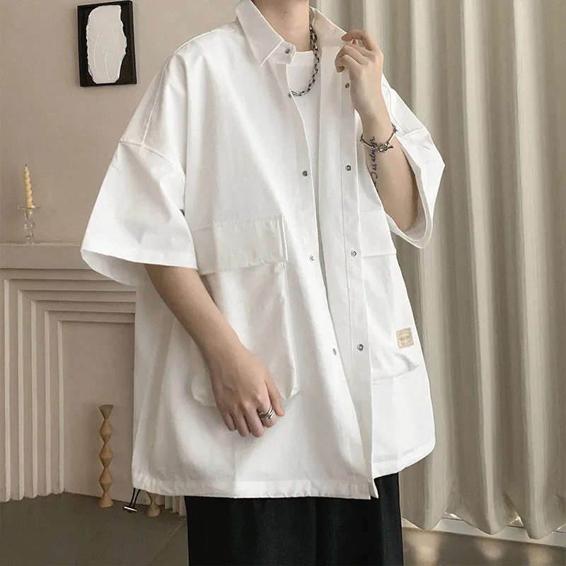 Riolio sweatpants outfit men Trendy Solid Color Workwear Short-Sleeved Shirt Men's Summer High-Grade Loose Ice Silk Design Shirt Jacket