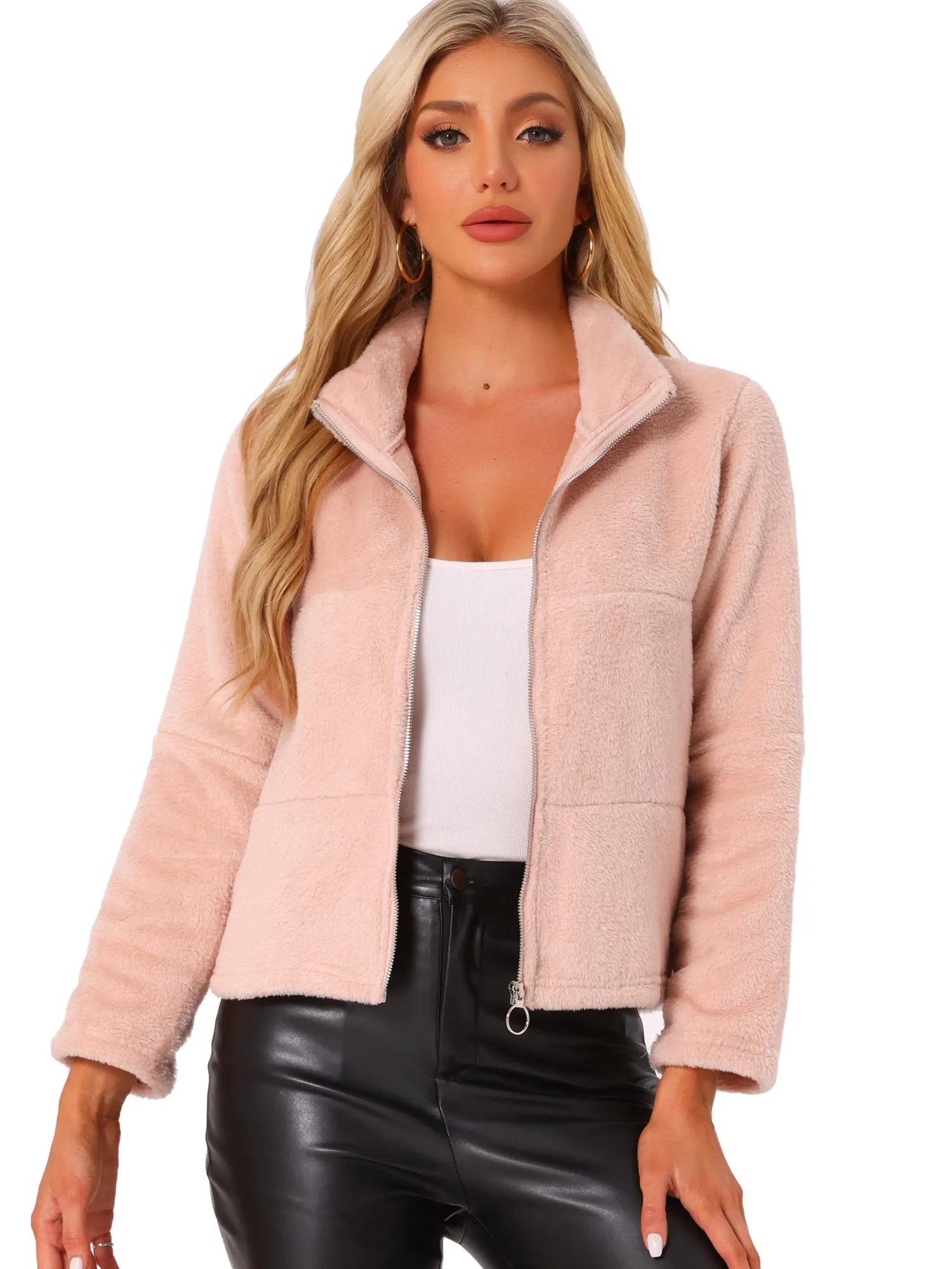 Stand Collar Zip Up Faux Fur Cropped Fleece Jacket