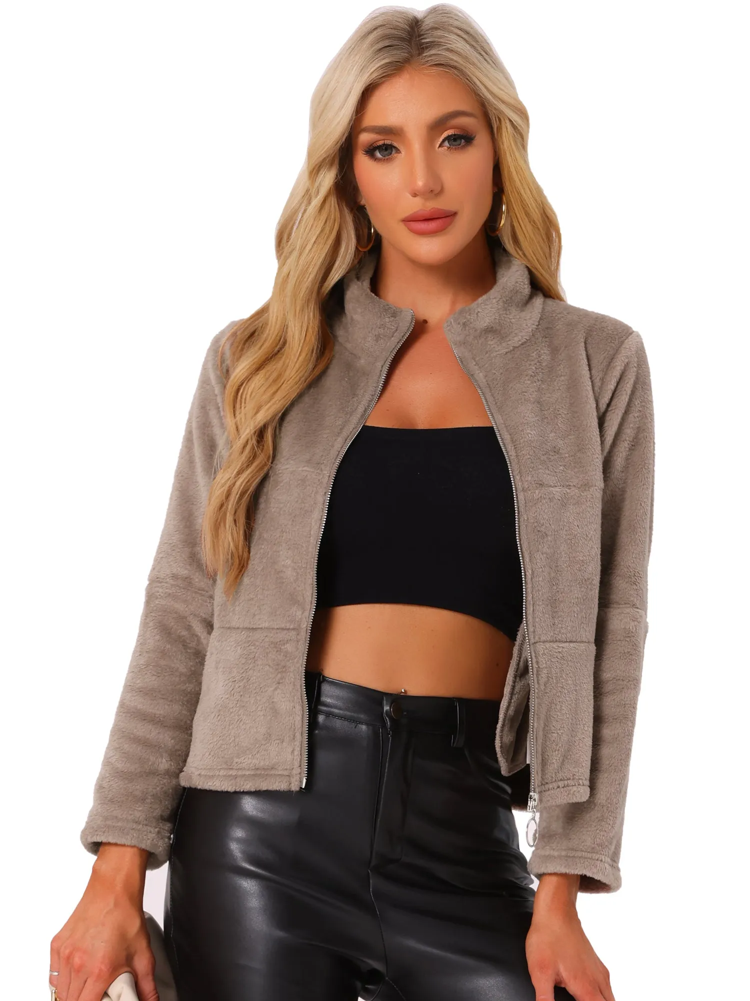 Stand Collar Zip Up Faux Fur Cropped Fleece Jacket