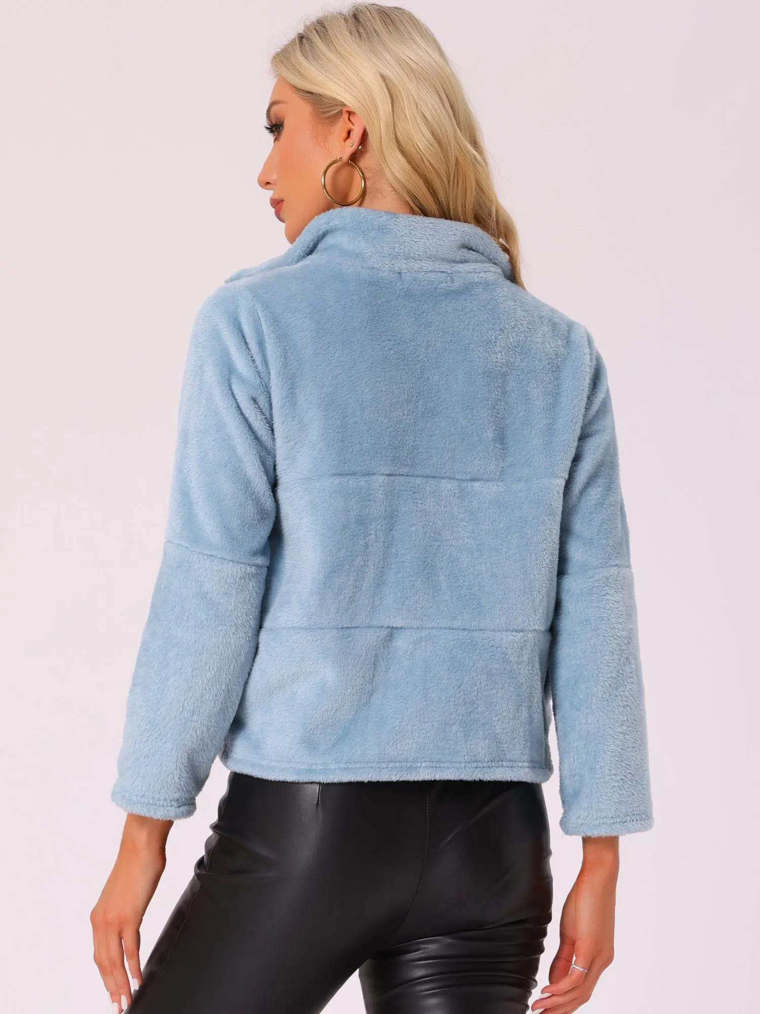 Stand Collar Zip Up Faux Fur Cropped Fleece Jacket